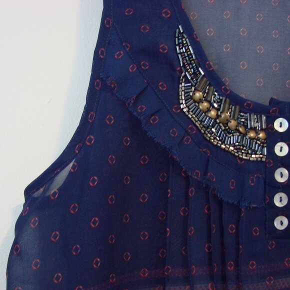 Beaded Flowy Tank Top Boho Hippie Blue Red Asymmetrical Hem Sheer Size Medium - Picture 6 of 13